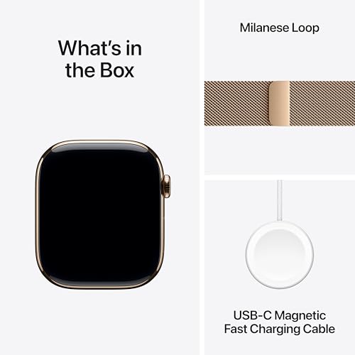 Image of Apple Watch Series 10 [GPS + Cellular 46 mm] Smartwatch with Gold Titanium Case with Gold Milanese Loop - S /M. Fitness Tracker, ECG App, Always-On Retina Display, Carbon Neutral