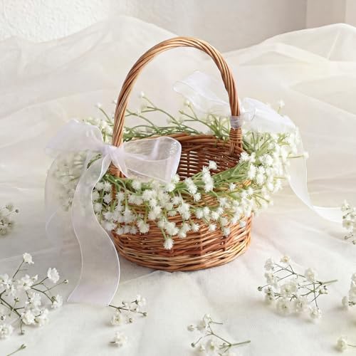 Teecyhooo Flower Girl Basket Wedding Baby Breath Artificial Flower Girl Basket Rustic Wedding Small Wicker Rattan Baskets with Bow Handle for Spring Home Decoration Baby Shower Picnic Garden Party