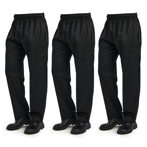 OAKVON 3 Pack Mens Chef Pants - Elastic Waist Cook Pants for Kitchen & Restaurant