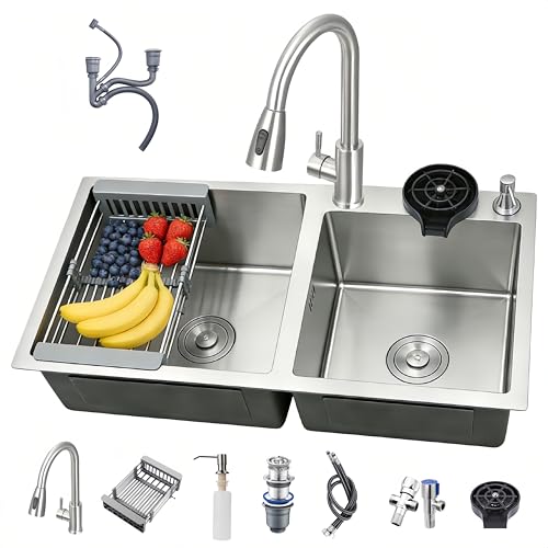 Reviews de Sobre encimera - los más vendidos. 50 Fregadero de Cocina de Doble Cubeta en Acero Inoxidable 80x45, Profundo, con Escurridor, Instalación Bajo o Sobre Encimera, Resistente a Arañazos y Óxido, Moderno (plateado,...