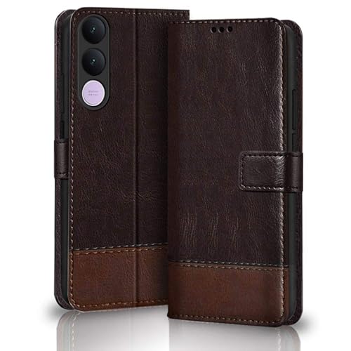 Image of TheGiftKart Flip Back Cover Case for Vivo V70 FE 5G | Dual-Color Leather Finish | Inbuilt Stand & Pockets | Wallet Style Flip Back Case Cover for Vivo V70 FE 5G (Faux Leather, Coffee & Brown)