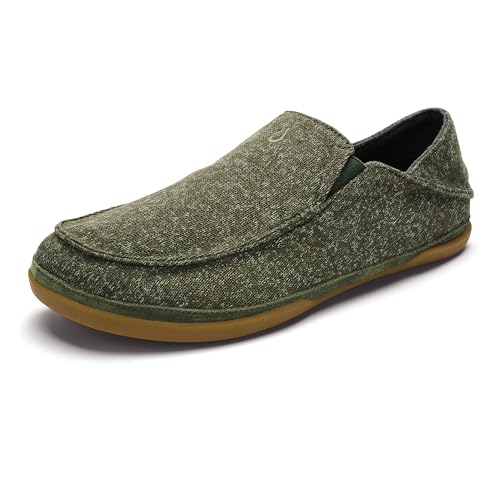 OluKai Moloa Hulu Mens Wool-Blend Slippers Soft & Heathered Knit Slip On Shoes Suede Leather Foxing Drop-In Heel Design Dusty Olive/Dusty Olive 14