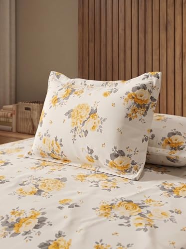 Image of DDECOR Live Beautiful 100% Compact Combed Cotton Floral King Flat Bedsheet with 2 Pillow Covers | Rotary Print 145TC | Perfect for Everyday Bedroom Use | Cresta Collection|2.24 x 2.54 M|Kumquat Yellow