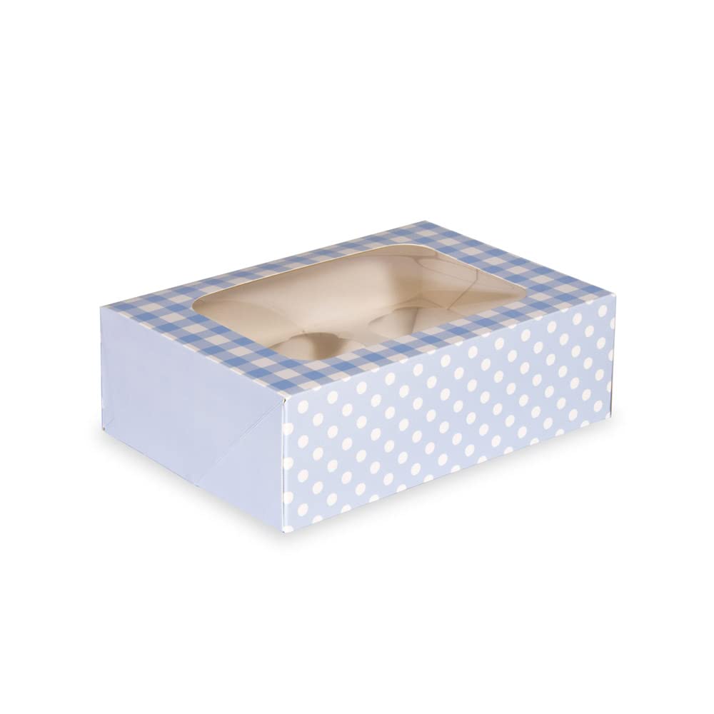 ‎Anniversary House 12pk Blue Cupcake Boxes with Window and Removable 6 Hole Inserts, Gingham and Polka Dot Print, Easy Assembly, 1 Pack, 7.5 x 16 x 23 CM, J162AMZ