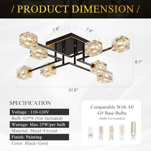 Image of Modern Black Gold Sputnik Chandeliers 8-Light Crystal Semi Flush Mount Ceiling Light Industrial L 31.5 inch Chandelier Lighting for Living Room Dining Room Foyer Entryway Kitchen Bedroom