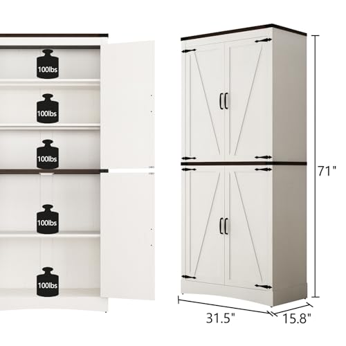 71in-Farmhouse-Kitchen-Pantry-CabinetTall-Storage-Cabinet-with-4-Doors-and-Adjustable-shelveswith-Load-Bearing-Steel-PipeWood-Storage-Cabinets-for-KitchenDining-RoomBathroomWhite 71in Farmhouse Kitchen Pantry CabinetTall Storage Cabinet with 4 Doors and Adjustable shelveswith Load Bearing Steel PipeWood Storage Cabinets for KitchenDining RoomBathroomWhite