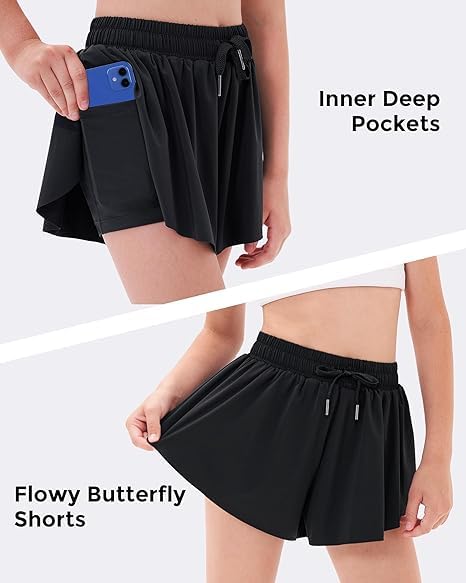 Image of Stelle Girls Flowy Shorts with Pockets Athletic Running Skirt High Waist Butterfly 2 in 1 Sports Short 5-16 Years