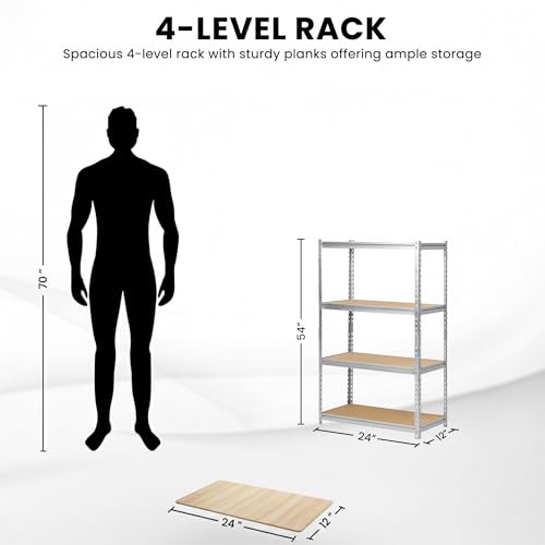 Image of Robustt 4-Tier Multipurpose Storage Rack | Bolt-Free Assembly | Galvanized Metal | Thick MDF Board | 175kg Capacity Per Shelf | 54 x 24 x 12 Inches Adjustable Shelf Rack for Home, Garage & Shop