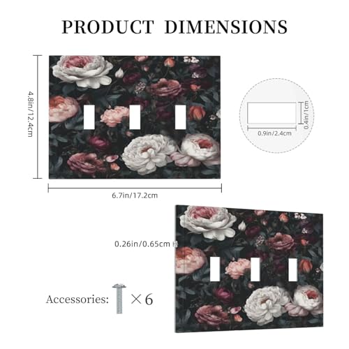 Decorative Light Switch Cover Plate Rustic Big Pink Flowers White Peony Floral 3 Gang Wall Plate Oversized Triple Toggle Switch Cover Plate Jumbo Faceplate for Home Decor
