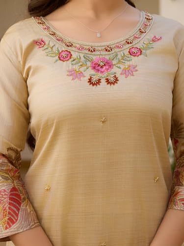Image of Yashika Women's Beige Viscose Assam Silk Fabric Straight Printed Kurta, Pant and Dupatta Set | Kurta Set for Women