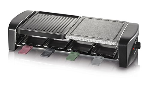 SEVERIN - Raclette, grill y parrilla eléctrica con piedra natural, parilla de mesa con plancha reversible, raclette para 8 personas, sartenes antiadherentes, 57x28.2x14.8 cm, negro, 1400 W, RG 9645