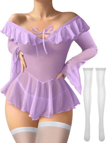 Image of Foxiny Sheer Ruffle Long Sleeve Babydoll Lingerie Dress | Off-shoulder neckline, flared cuffs and a flounce hem add movement; thong and thigh-high stockings complete the 3-piece set