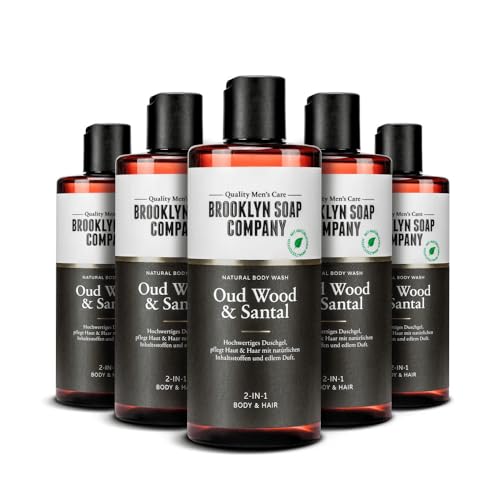 Brooklyn Soap Company Duschgel für Männer 5 x 300 ml - Oud Wood & Santal Body Wash 5er Pack - 2-in-1 Duschgel für Haut und Haare - Shower Gel Vorteilspack für Herren