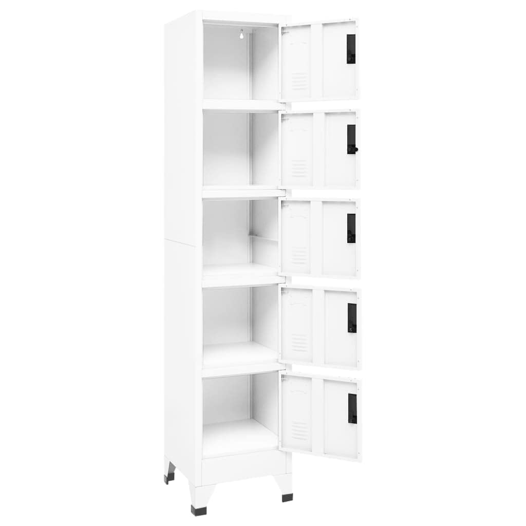 Taquilla blanca de acero 38 x 40 x 180 cm con 5 puertas con cerradura, ranuras de ventilación, soporte para placa de nombre, almacenamiento robusto para oficina, taller, sótano y pasillo