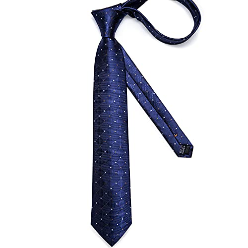 DiBanGu Plaid Ties for Men Silk Checkered Necktie and Pocket Square Cufflinks Tie Clip Set with Gift Box for Wedding Business, Navy - Thumbnail 4