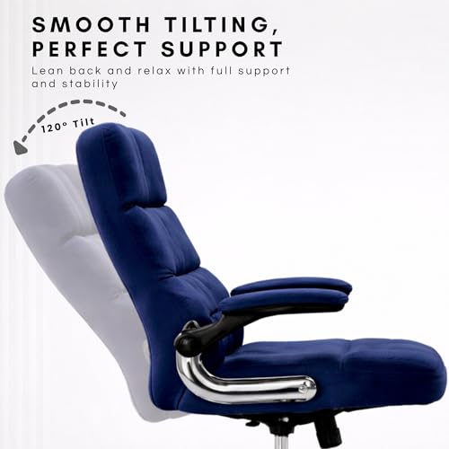 Image of LAKDI Furniture Co Premium Velvet Fabric High Back Office Chair with Adjustable Tilt, Flip-Up Arms, Ergonomic Design, Thick Soft Padding | Executive Boss Chair, Blue | 5 Years Warranty & Free Assembly