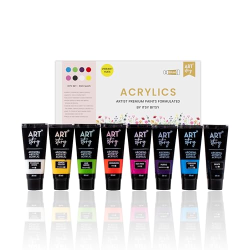 Image of Itsy Bitsy Art Story Artists Acrylic Paint Set - Bright 8 colours X 30ml each| for Paper, Canvas, MDF, Wall, Glass, Plastic, Metal, Terracotta|Premium Multi Surface paint for DIY Art & Craft| For Beginners Students Adults