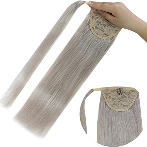YoungSee Ponytail Hair Extensions Human Hair 14 inch Grey Ponytail Extensions Human Hair Wrap Around Ponytail Extensions Grey Soft Smooth 80G
