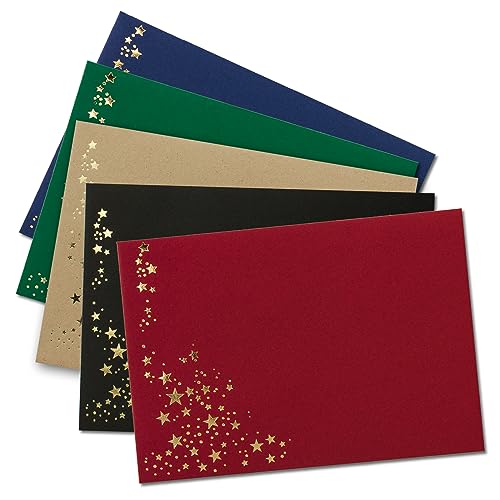 25x Briefumschläge mit Metallic Sternen - DIN C5 - Mix Set 10, Umschläge in Rot, Schwarz, Grün, Blau und Kraftpapier - mit Sternen in Gold