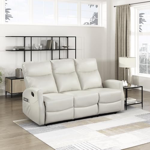 Image of Lexicon Manual Reclining Sofa, Magazine Pockets, Beige Faux Leather