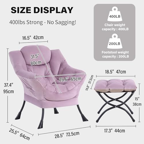 Image of Tiita Lazy Chair with Ottoman, Purple Modern Large Accent Armchair, Comfy Leisure Sofa Reading Chair with Footrest for Bedroom, Living Room, Dorm Rooms, Garden, Velvet Light Purple