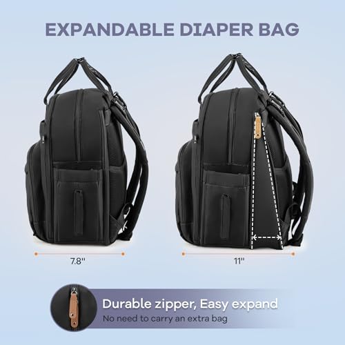 Image of RUVALINO Diaper Bag Backpack-Expandable Baby Bag with up to 50% Capacity -Baby Essentials Bag with Changing Pad Insulated Bottle Holders & Pacifier Case, Waterproof, Black XL