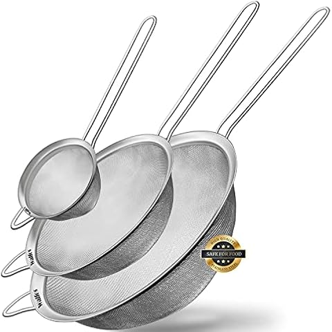 Sieves and Strainers Set - WALFOS Metal Sieve Stainless Steel, Fine Mesh Strainer Kitchen Sieve Fine Mesh, Cooking, Flour Sieve for Baking - Dishwasher Safe, Set of 3 Size Cover