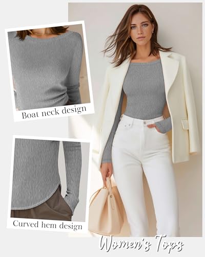 Huukeay 3 Pack Boat Neck Long Sleeve Tops for Women, Cotton Ribbed Fitted Shirts Curved Hem Crop Top Casual Basic Tees Go Out3