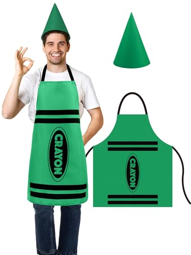 Costume Crayon Coloré avec Chapeau Cône de Nain, Tablier à Crayons de Couleur, Tablier Cuisine Amusant, Tabliers en Polyester Léger pour Carnaval, Soirée à Thème, Déguisement Homme Femme (Vert)