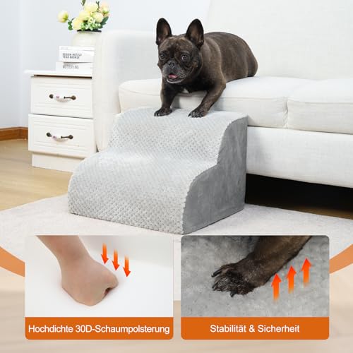 KSIIA Hundetreppe 2 Stufen, 30cm Hoch Haustiertreppe Hundetreppe für Kleine Hunde, Katzentreppe Hunderampe mit Waschbar Bezug für Bett, Couch, Sofa und Auto, 40x40x30cm, Grau