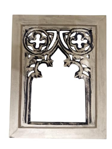 Image of Antique Black Hand Carved Wooden Jharokha Wall Mirror Frame for Home & Bedroom Decor - Traditional Arch Design (12x9 Inch) (Golden Antique)