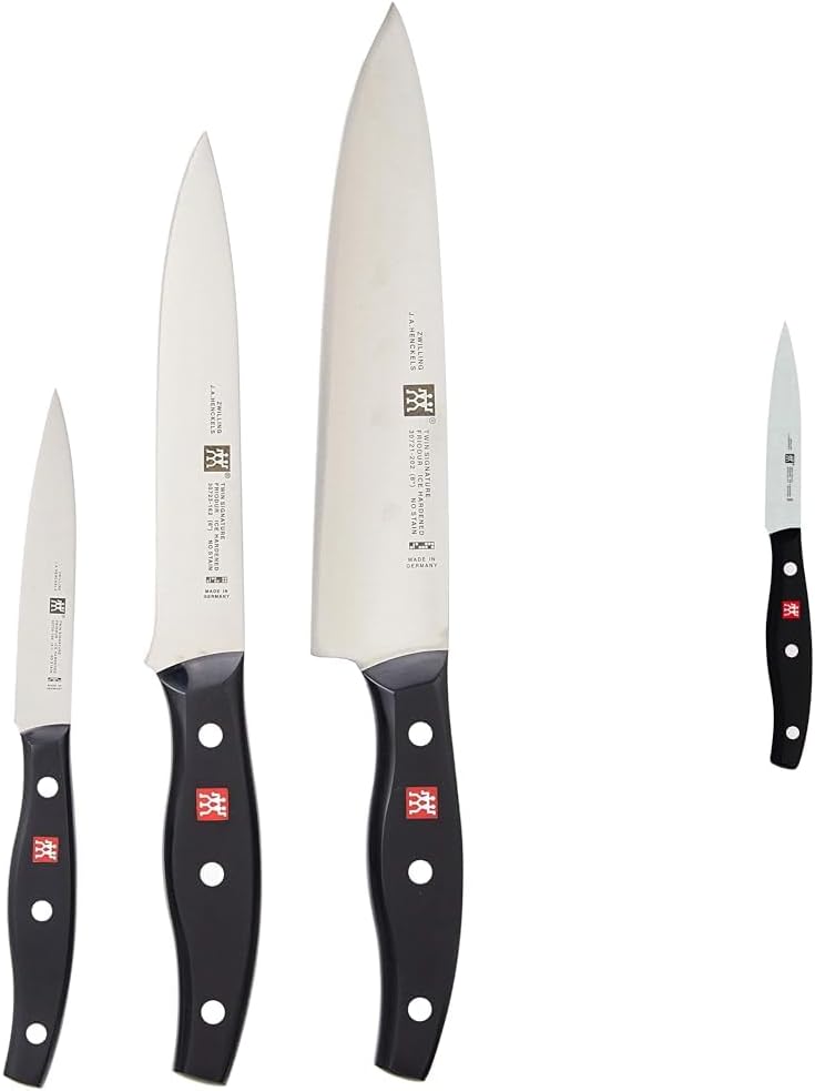 ZWILLING Twin Signature 3-pc German Knife Set, Razor-Sharp, Made in Company-Owned & Twin Signature 4-inch Paring Knife, Razor-Sharp, Made in Company-Owned German Factory