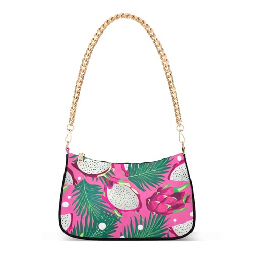 Zipper One Shoulder Purses Tropical Dragon Fruit Pink Clutch Handbag Colorful Womens Casual Hobo Purse with Chain Strap