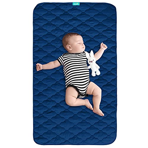 Image of Waterproof Crib Mattress Protector, 28"x52", Non-Slip Quilted Pad | Navy, Quilted Waterproof Pad, Non-Slip Backing, Absorbent Layer, Machine Washable, Fits Standard Crib 28"x52"