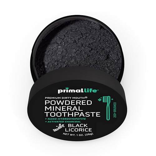 Image of Primal Life Organics - Dirty Mouth Toothpowder, Activated Charcoal Tooth Cleaning Powder, Essential Oils Natural Kaolin Bentonite Clay, 200+ Brushings, Organic Vegan (Charcoal Black Licorice, 1 oz)