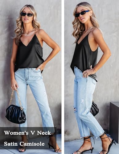 Ekouaer Women's 2 Pcs Satin Camisole Silky Pajama Tank Tops V Neck Soft Spaghetti Strap Loose Basic Sleepwear4