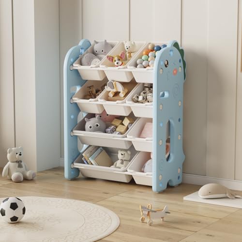 Image of oddpod Dino Kids Toy Organizer Storage Racks with Bins, Cute Cartoon Montessori Plastic Bookshelf for Children & Bedroom Shelf for Baby Hardline Toys, Books, Clothes & Games - Blue (8+2 Bins)
