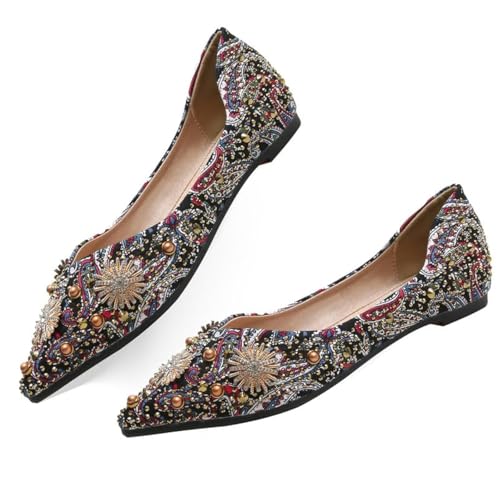 Women's Rhinestone Flats Fashion Pointed Toe Pearl Diamond Low Heel Dress Wedding Flats Work Business Casual Flats Shoes 11 Black