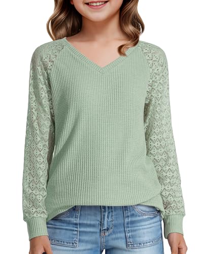 KEREDA Girls Long Sleeve Shirts Lace V-Neck Knitted Pullover Casual Blouses Tops 5-14 Years