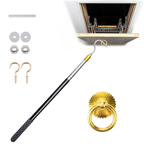 MEILANHUI Attic Ladder Pull Down System Kit, Complete Attic Pull Down Hook Parts Replacement for Cord Ropes with 64.6 Inch Extension Pole and 2pcs Copper Storage Hook Handle Parts Tool