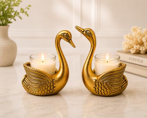 Image of Aluminium Swan Pair Showpiece with 2 Candles Included | Feng Shui Lucky Swan Couple Figurine & Candle Holder for Home Decor | Living Room Decor | Wedding, Anniversary, Valentine's & Couple Gift