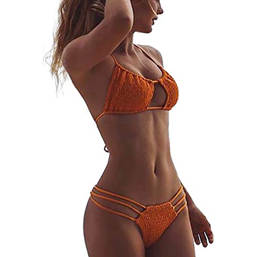 NAFLEAP Smocked Bandeau Halter Sexy Keyhole Bikini Brazilian Thong Swimsuit for Women, Orange