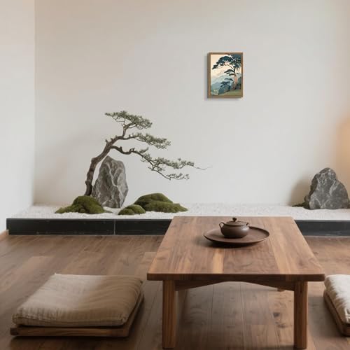 Image of Vintage Japanese Forest Framed Canvas Wall Art - Tranquil Mountain Landscape Painting Print, Retro Nature Tree Scene Decor for Living Room Bedroom Nursery Office Home 8x10 inch