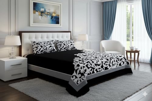 Image of Fresh from Loom Printed Bedsheet Abstract Print Bedsheet Set, Crafted in Chenille 500 TC Fabric with 2 Pillow Covers, Comfortable Breathable Bed Cover, Be 90x100 Inches | Trangle Black | Chenille