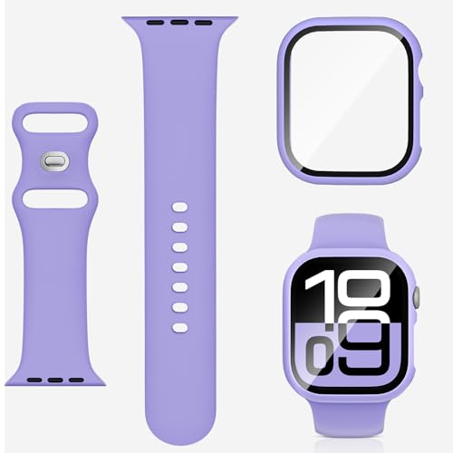 Silicone Band with Case Compatible with Kids Apple Watch Band Soft Sport Strap and Protective Cover with Tempered Glass for iWatch Series 11 10 9 8 7 6 5 4 3 2 1 SE3 SE2 SE 38/40/41/42/44/45/46mm