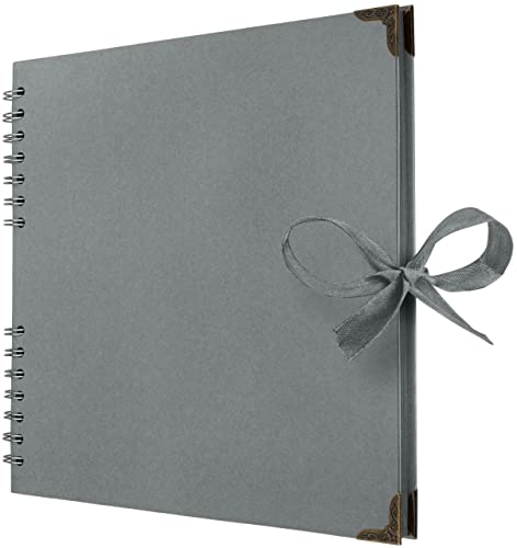 Bstorify 25.4 x 25.4 Cm Scrapbook Album 70 Pages Grey Thick Kraft Paper Corner Protectors, Ribbon Closure - Ideal for Your Scrapbooking, Art & Craft Projects (Grey, 25.4 x 25.4 Cm)