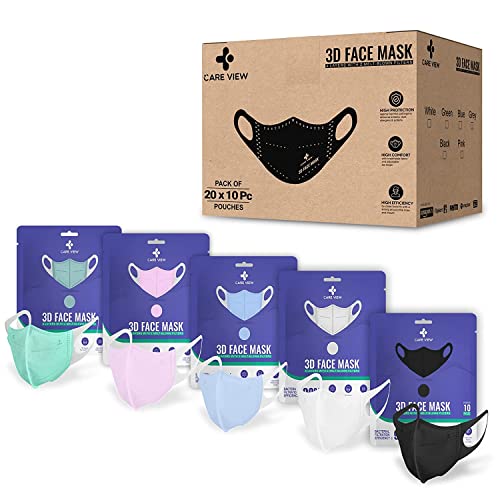 Image of Careview N95 3 Dimensional Disposable Face Mask Pouch, Multicolor,with Incredibly Soft Spandex Non Woven Fabric Ear loop (Blue,Green,White, Pink, PACK OF 200), Free Size