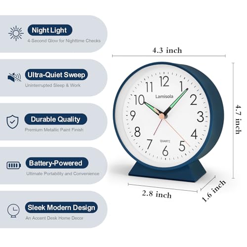 Image of Lamisola 4.5 Inch Small Silent Analog Alarm Clock, Retro Battery Operated Desk Clock with Night Light Stays On 4 Seconds Vintage Metal Table Clock for Bedside, Bedroom, Office, Bathroom - Navy Blue