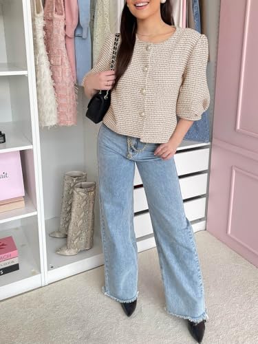 Cicy Bell Womens Cropped Tweed Blazers Puff Short Sleeve Crew Neck Button Business Casual Suit Jackets4