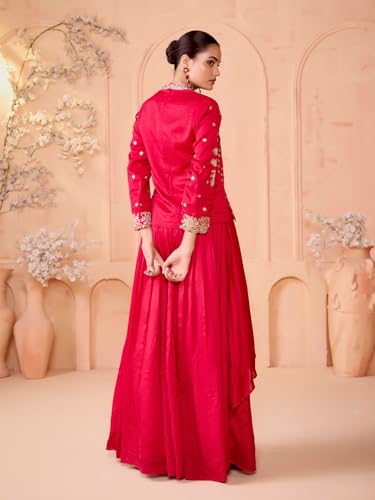 Image of madhuram textiles womens' Vichitra Silk Embroidery Dori Dori Work Short Top With Skirt Set(M-2506 Pink)